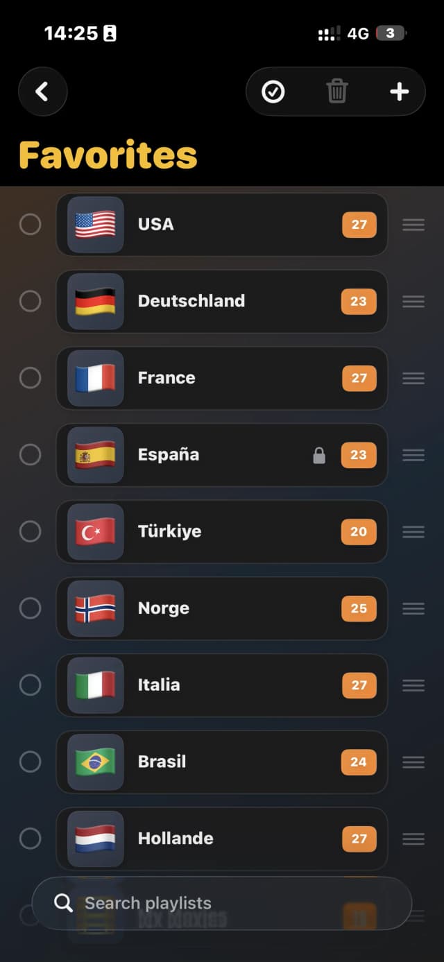 Playlist edit mode with checkboxes and drag handles